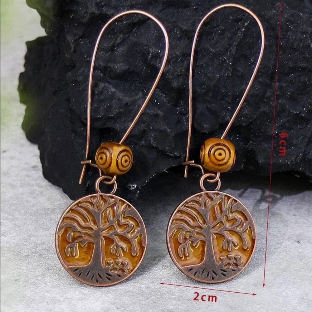 💥LAST PAIR💥Vintage Style Brown Patina Tree of Life Coin Dangle Earrings - Picture 2 of 2